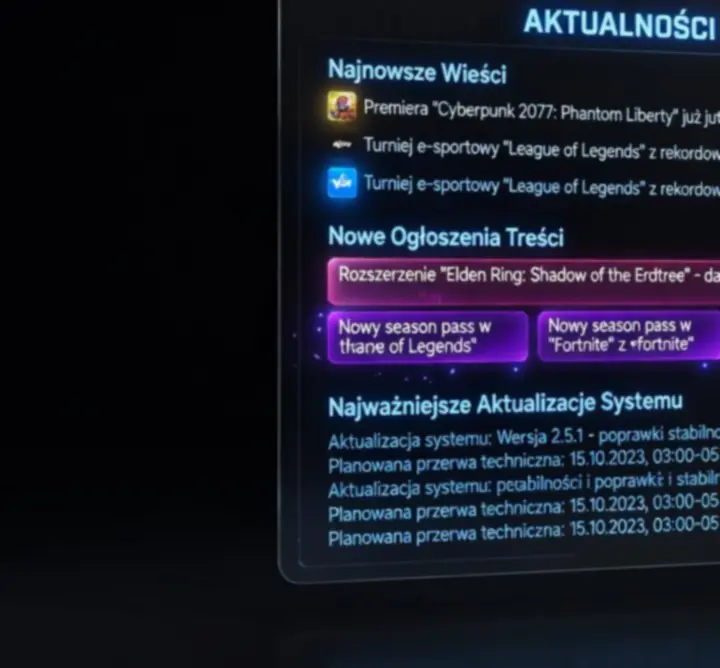 Ekran aktualizacji gier z listą nowych funkcji i zmian balansu