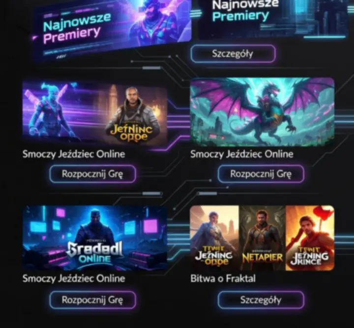 Zbiór ekranów z gier fantasy multiplayer przedstawiający bohaterów i interfejs gry