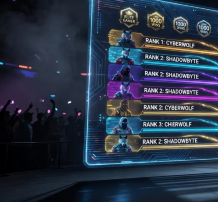 Tablica rankingowa Ultimate Fun Arena prezentująca najlepszych graczy na neonowej arenie