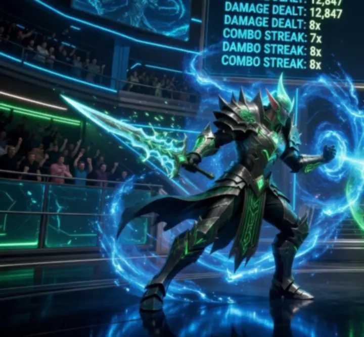 Dynamiczna scena fantasy battle z bohaterami walczącymi w świecie Ultimate Fun Arena